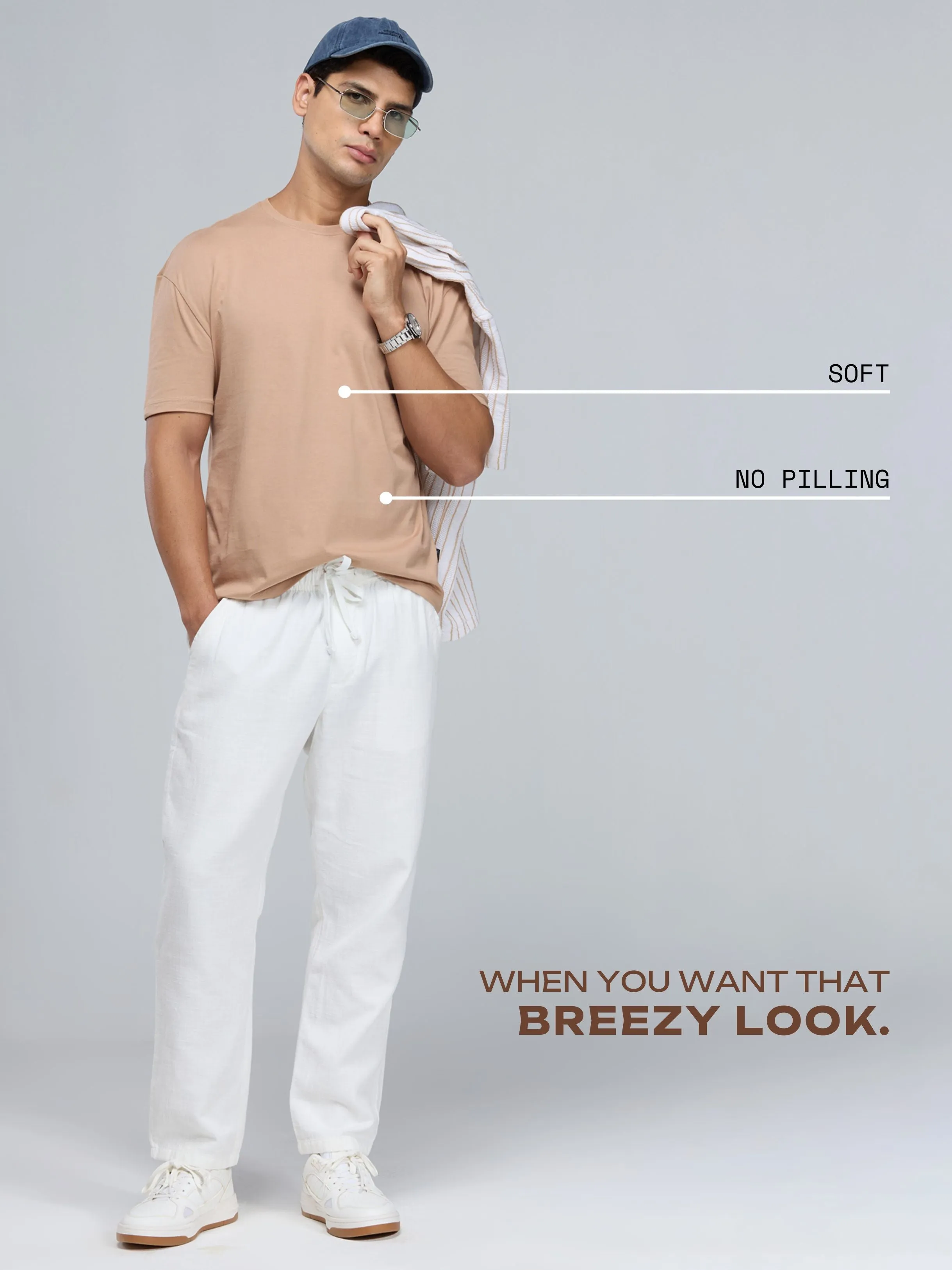 Beige Supima Crew Neck T-shirt - Relaxed Fit