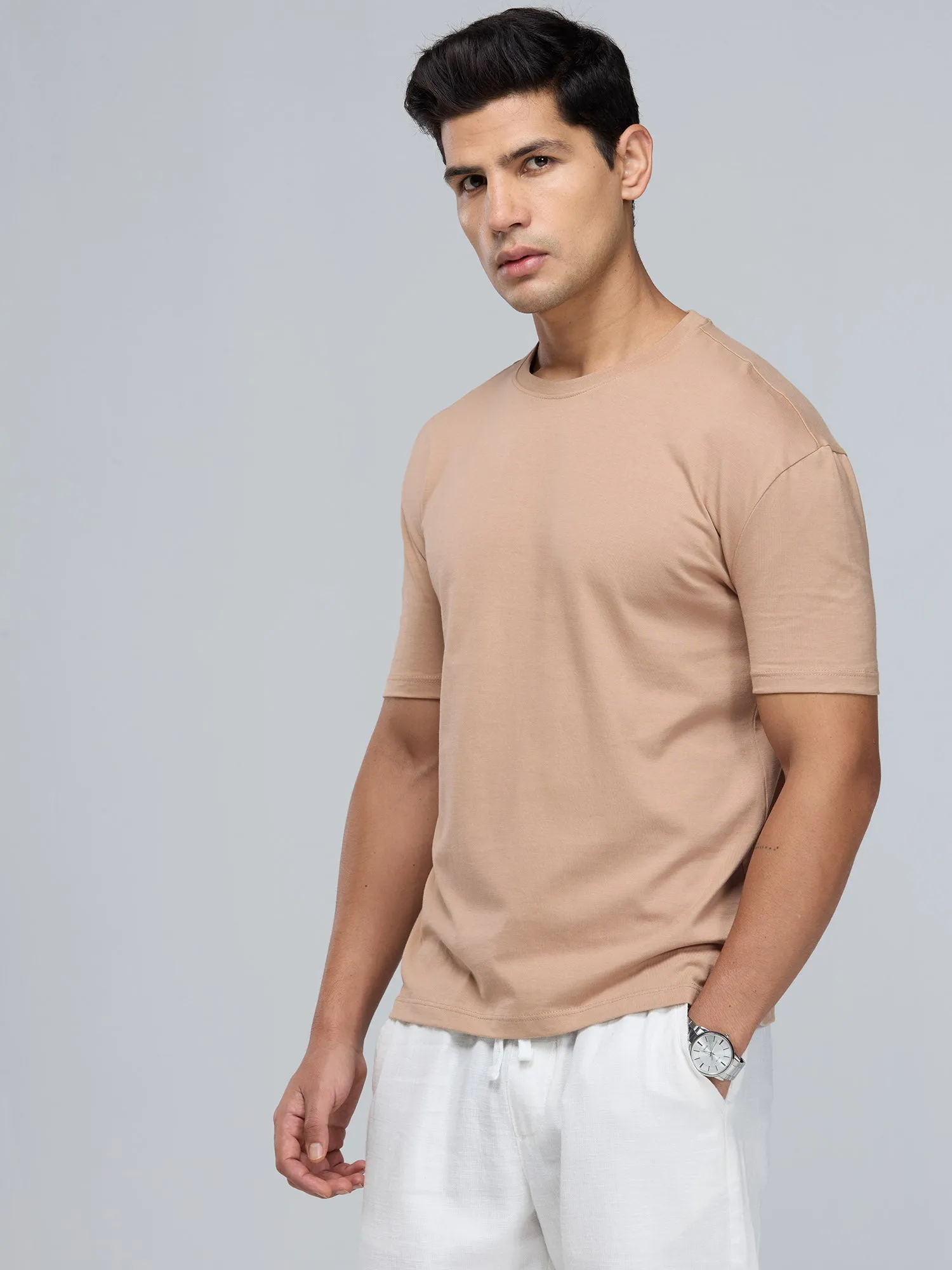 Beige Supima Crew Neck T-shirt - Relaxed Fit