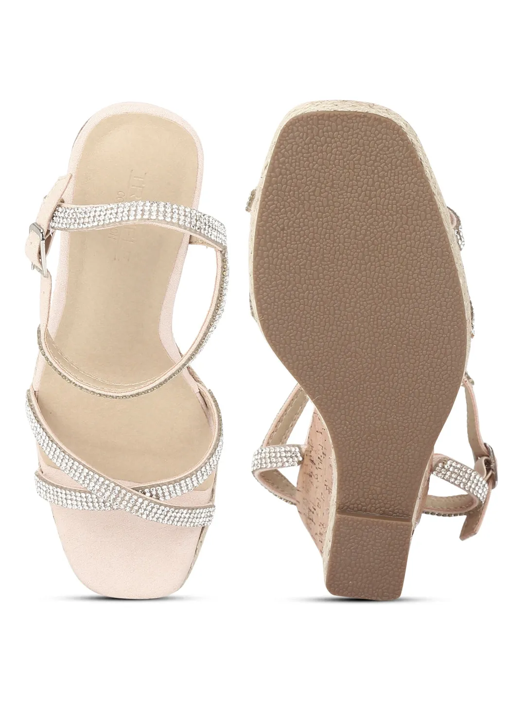 Blush Micro Diamante Wedge Heel Sandals