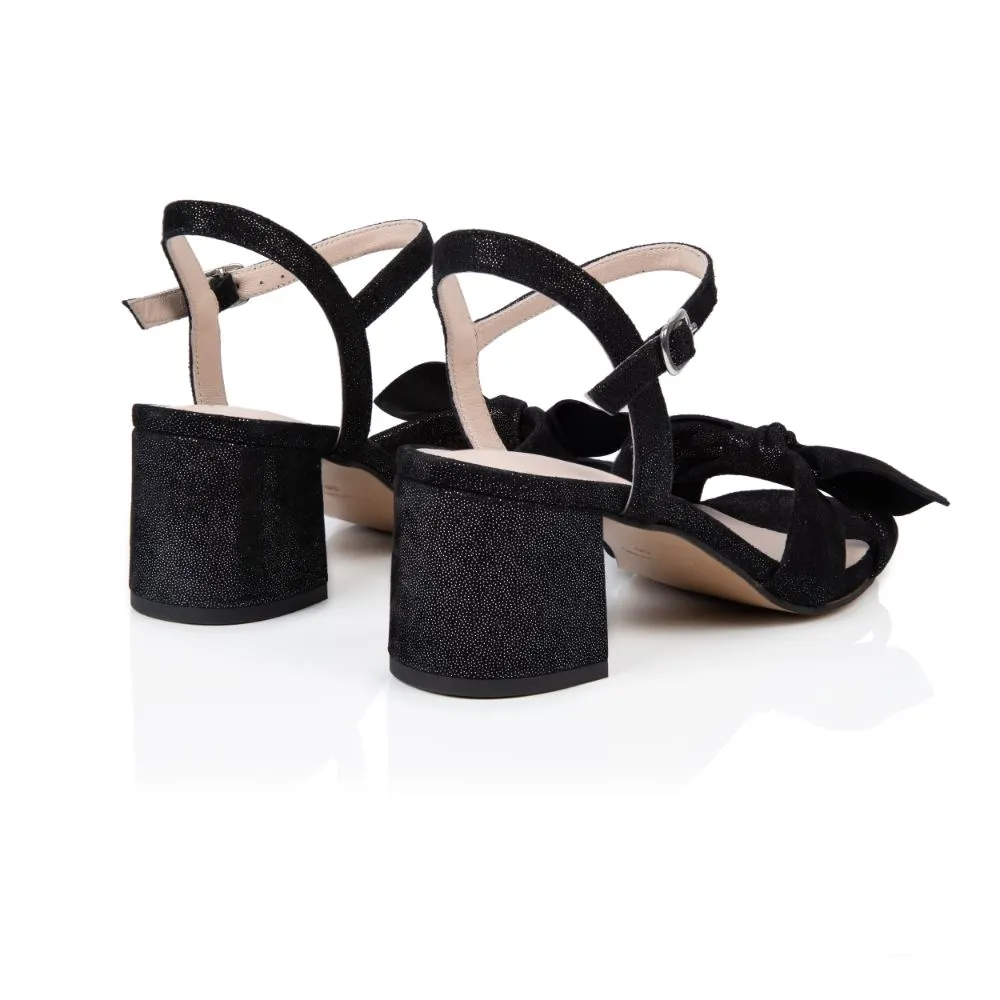Dancing Queen: Black Shimmer Suede Block Heel Sandals