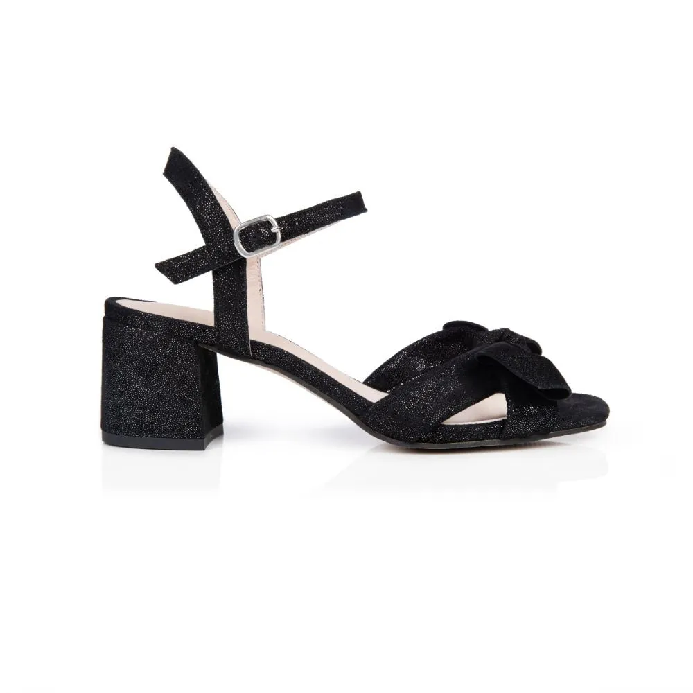 Dancing Queen: Black Shimmer Suede Block Heel Sandals