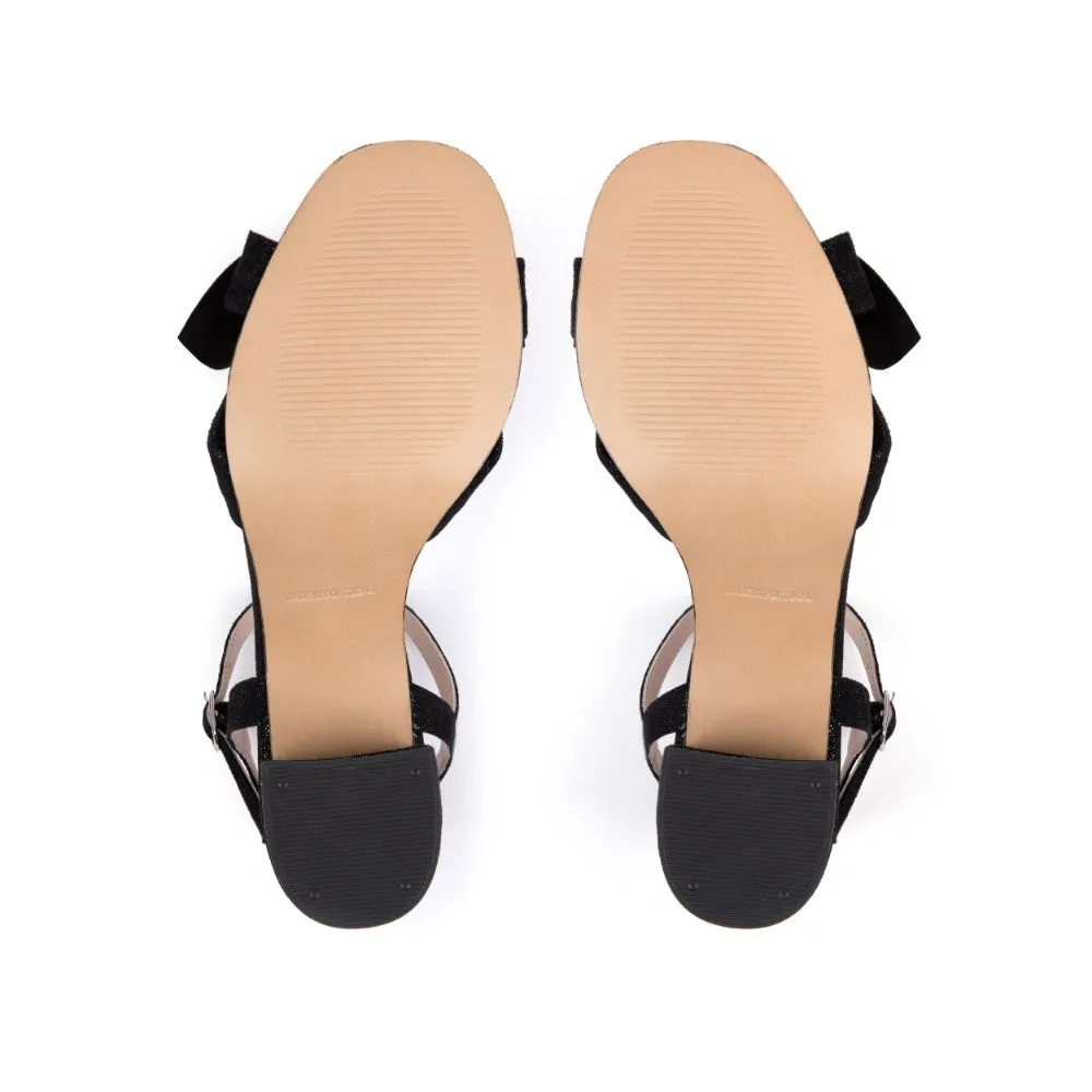 Dancing Queen: Black Shimmer Suede Block Heel Sandals