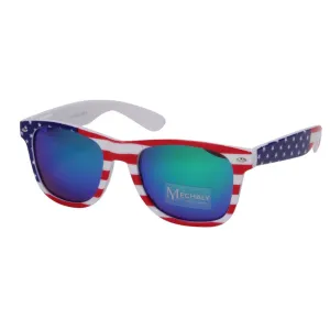 Mechaly Wayfarer Style USA flag Sunglasses with Blue mirrored Lens