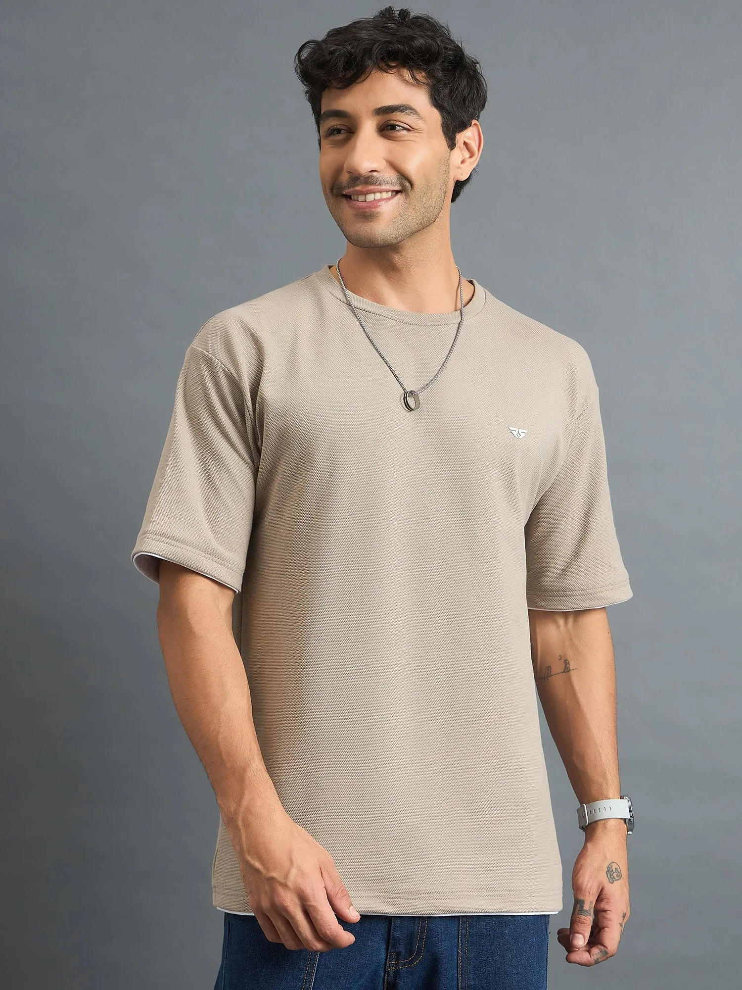 Men Oversized Round Neck Drop shoulder T-shirt Beige