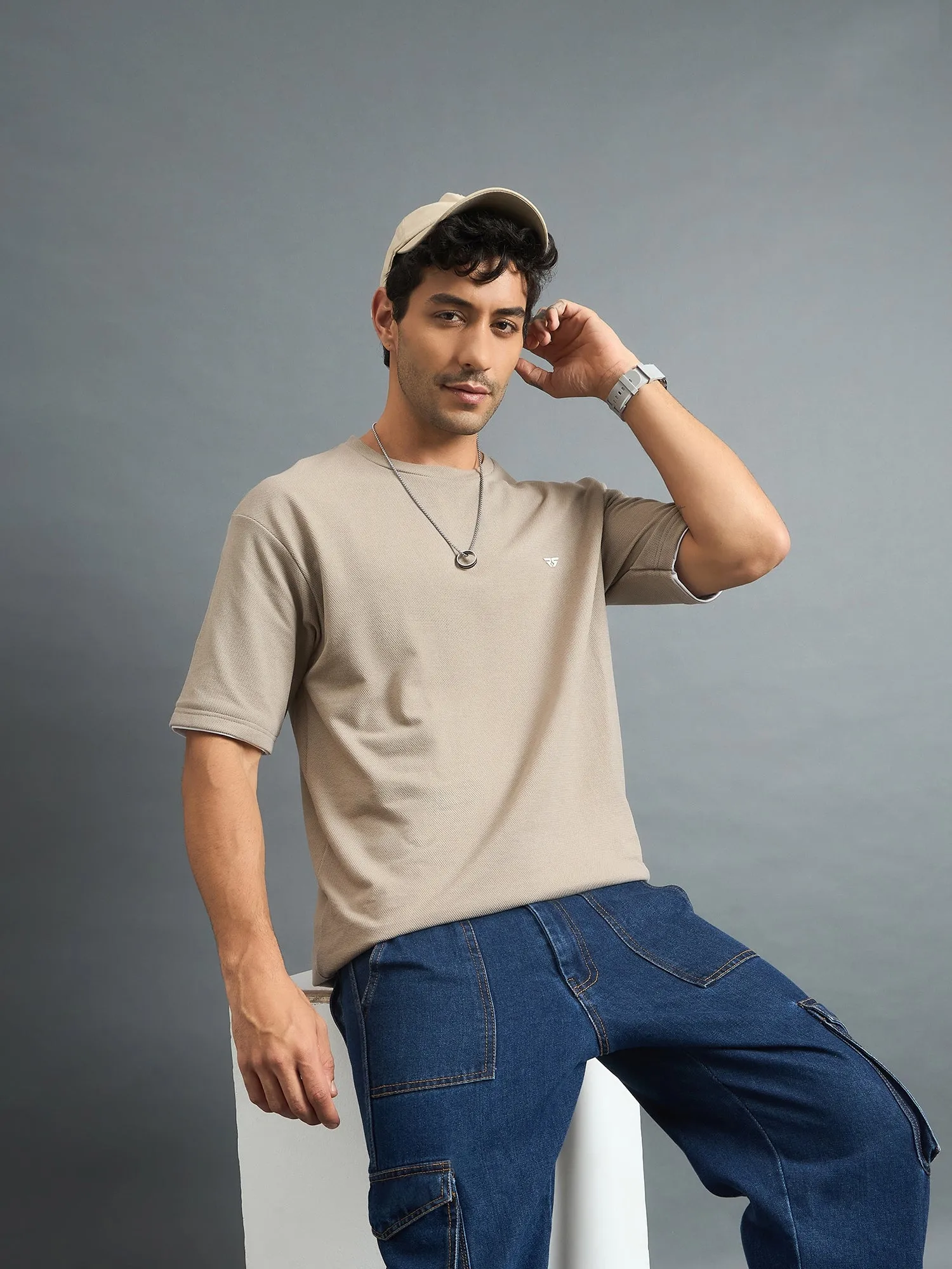 Men Oversized Round Neck Drop shoulder T-shirt Beige
