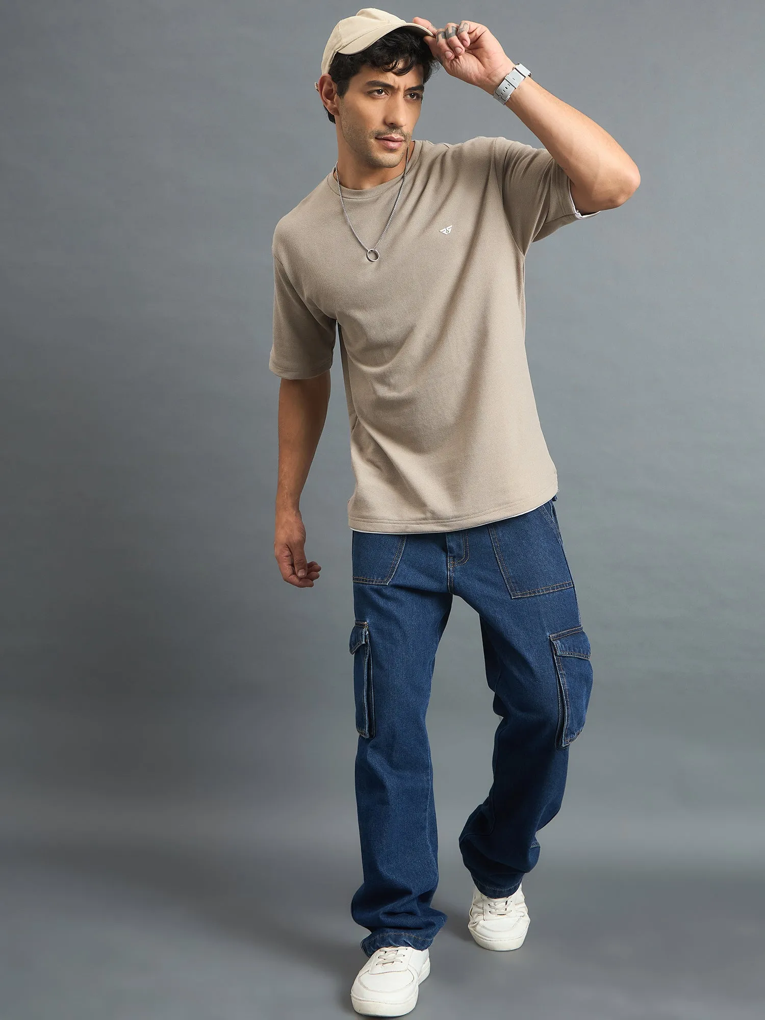 Men Oversized Round Neck Drop shoulder T-shirt Beige