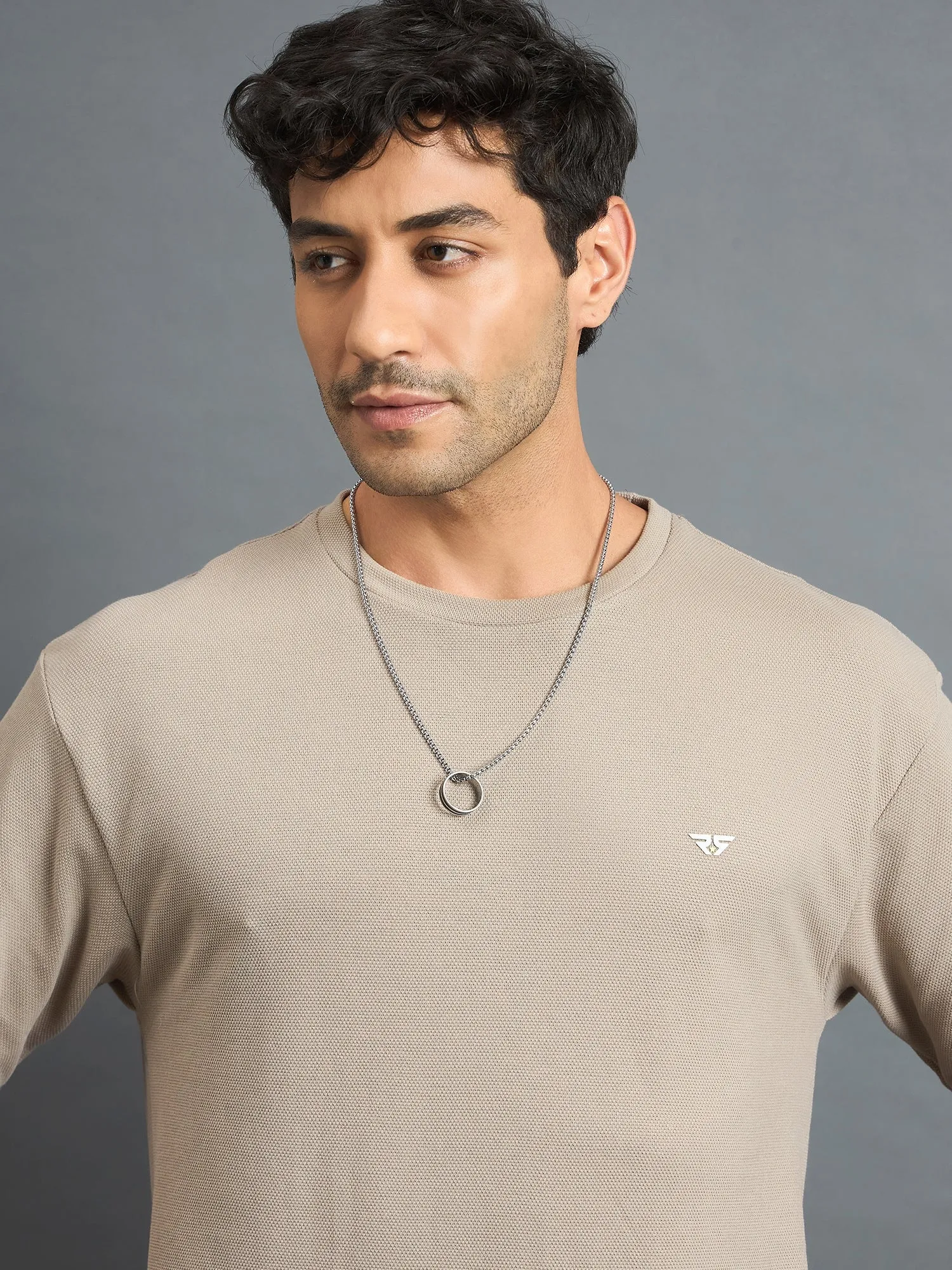 Men Oversized Round Neck Drop shoulder T-shirt Beige