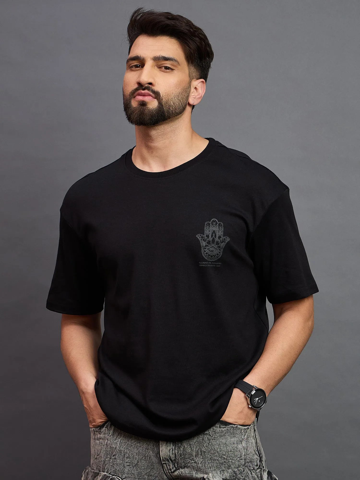 Men Oversized Round Neck Drop Shoulder T-shirt Black