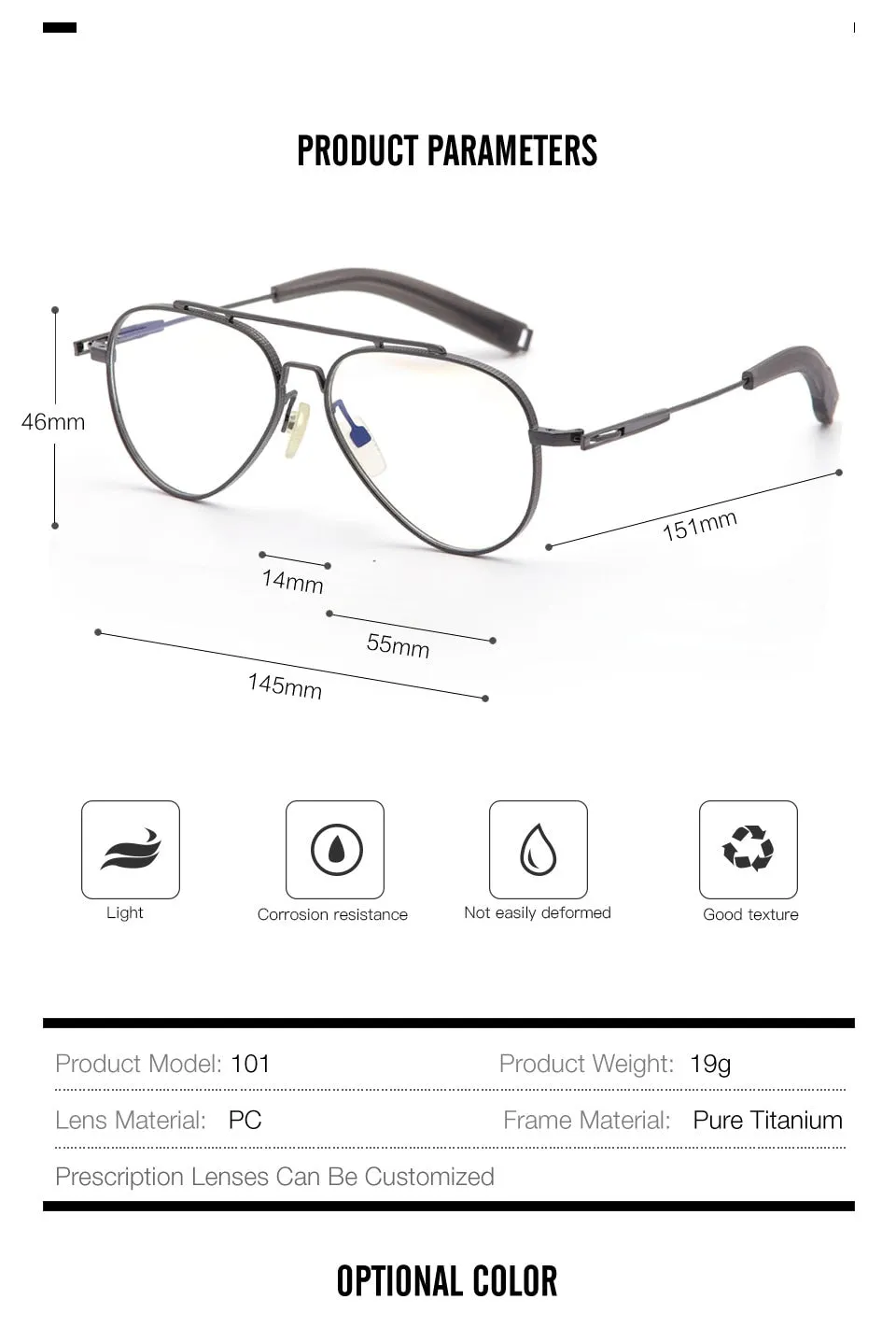 Muzz Men's Full Rim Round Double Bridge Brushed Titanium Frame Eyeglasses 108
