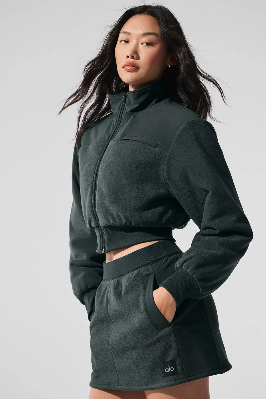 Polar Fleece Cropped Wintry Mix Jacket - Charcoal Green