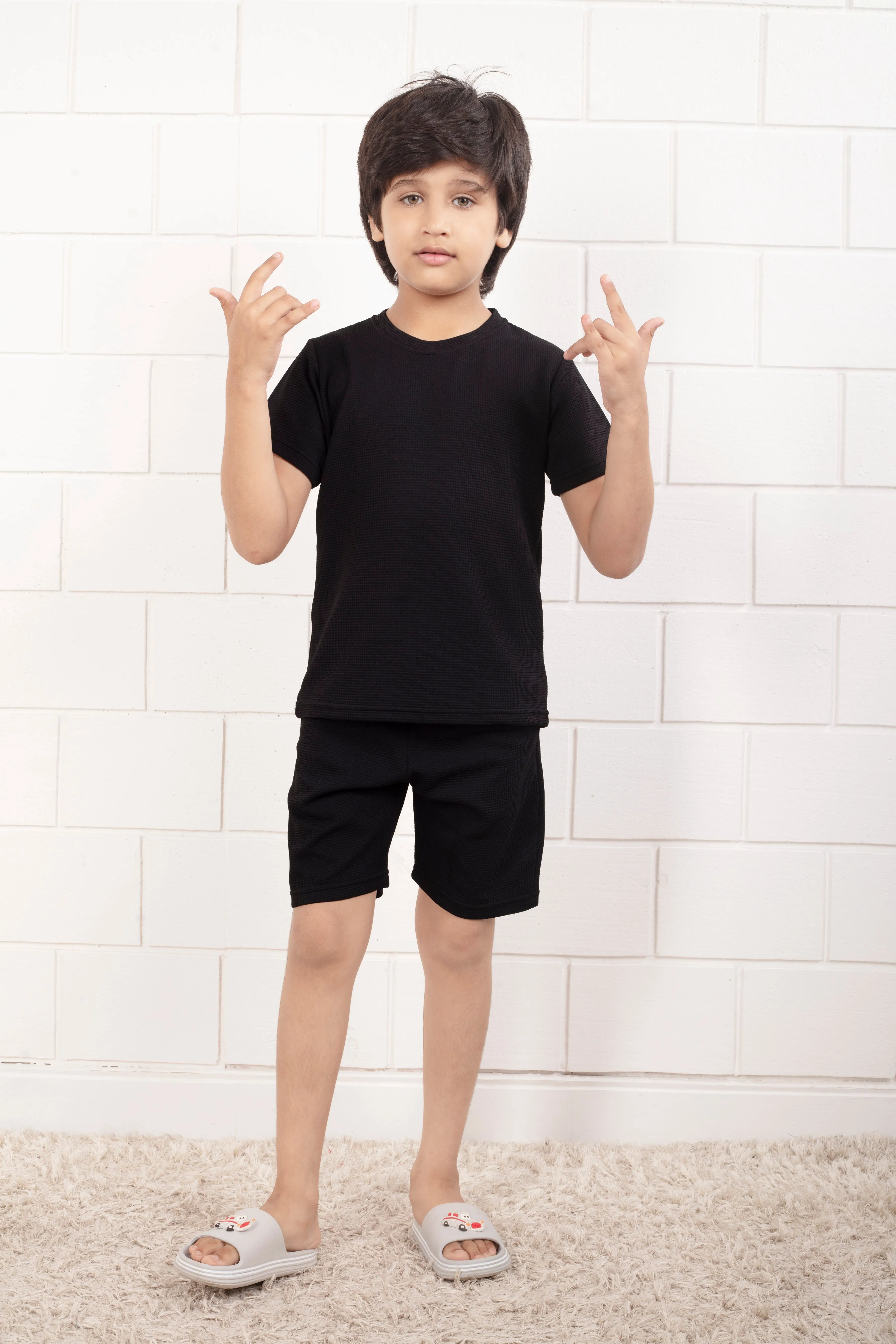 Pure Cotton Waffle Black color night suit shorts set