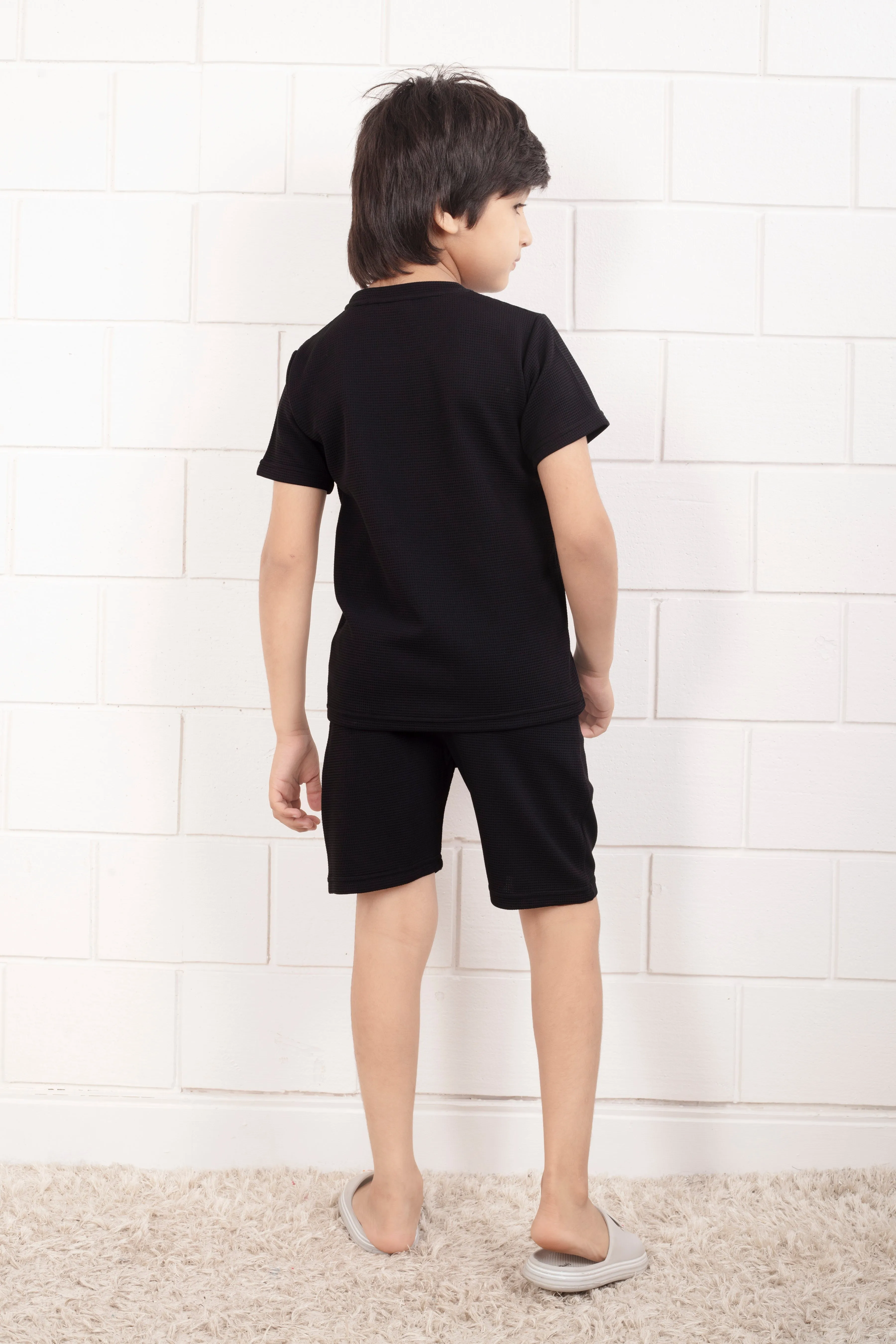 Pure Cotton Waffle Black color night suit shorts set
