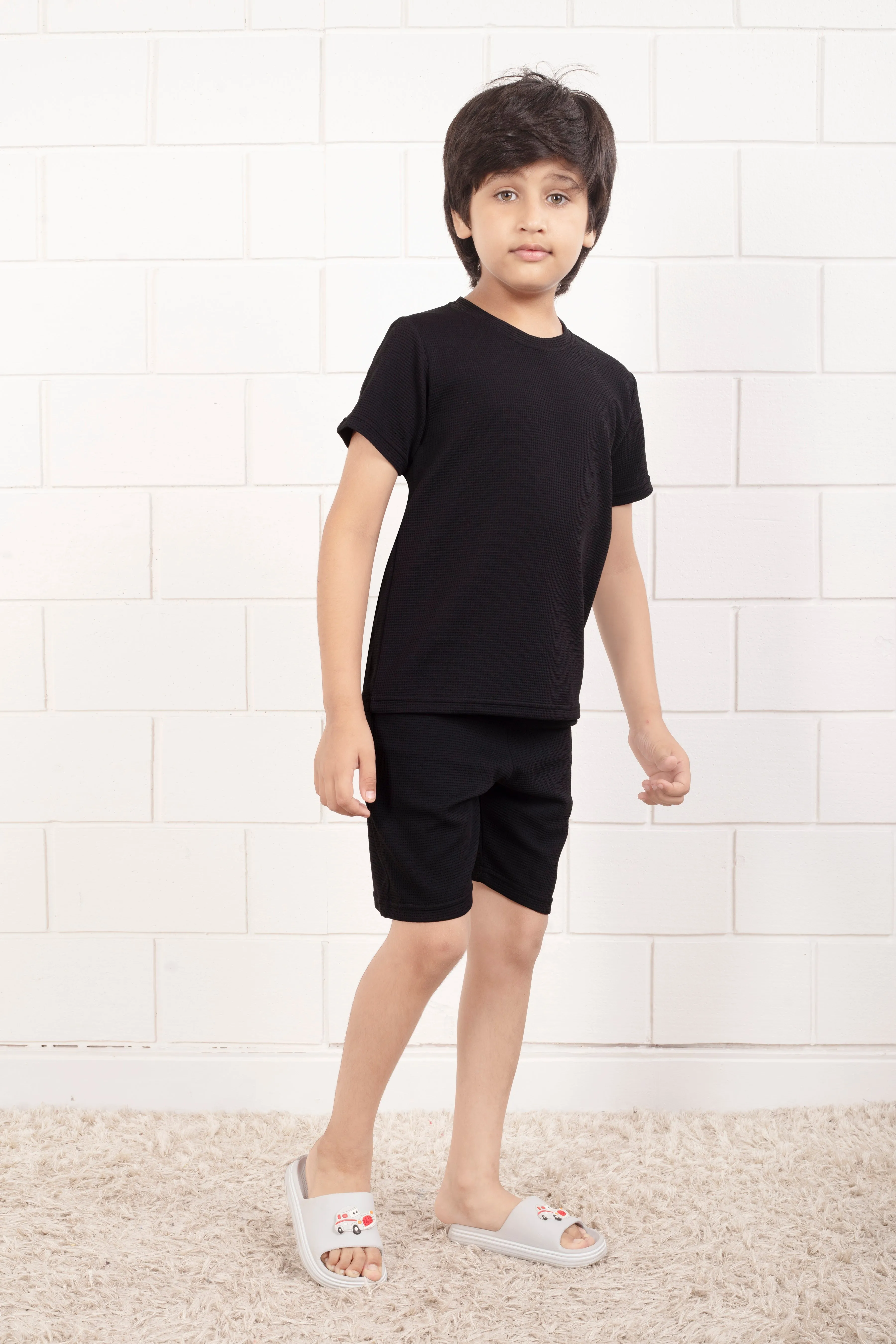 Pure Cotton Waffle Black color night suit shorts set