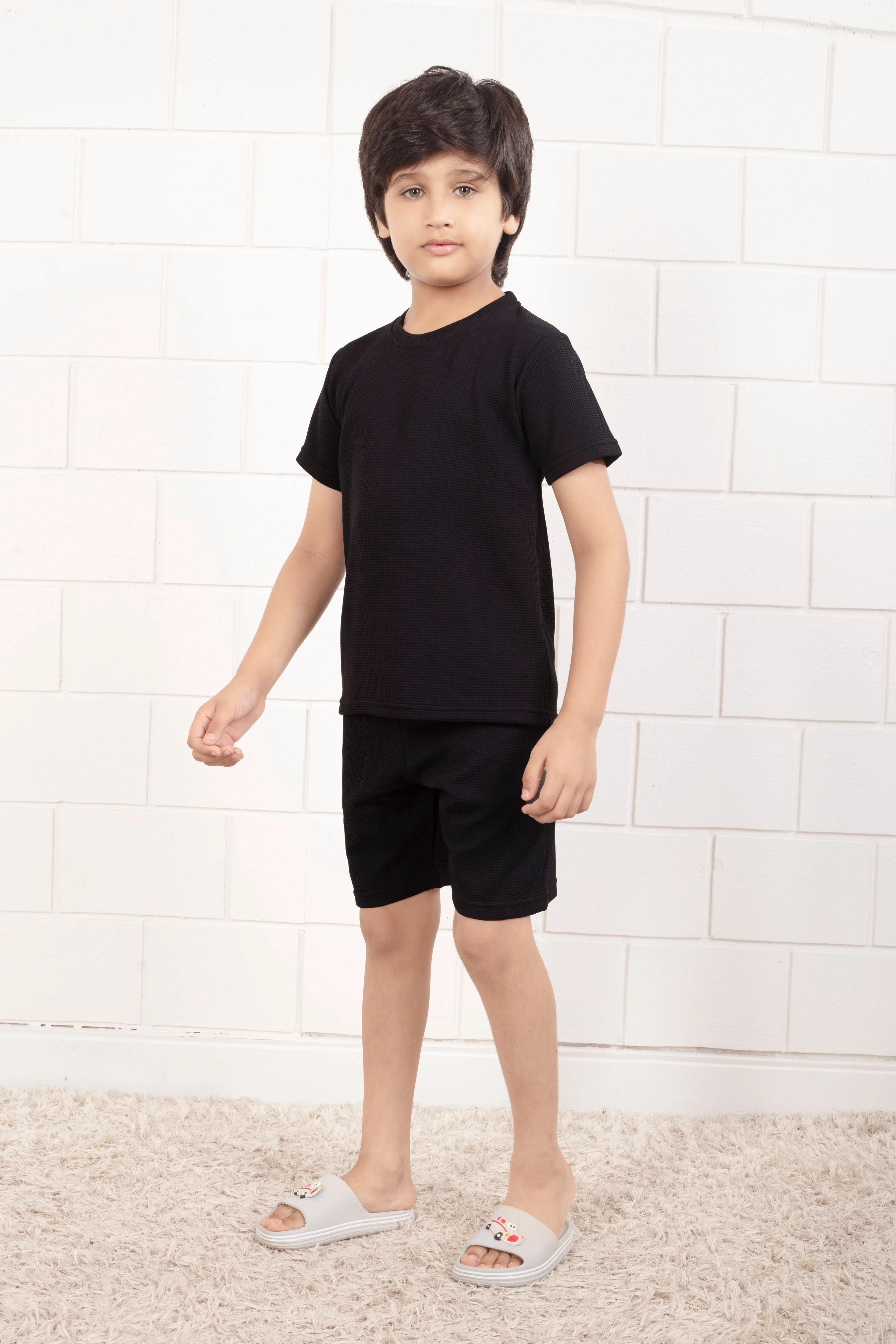 Pure Cotton Waffle Black color night suit shorts set