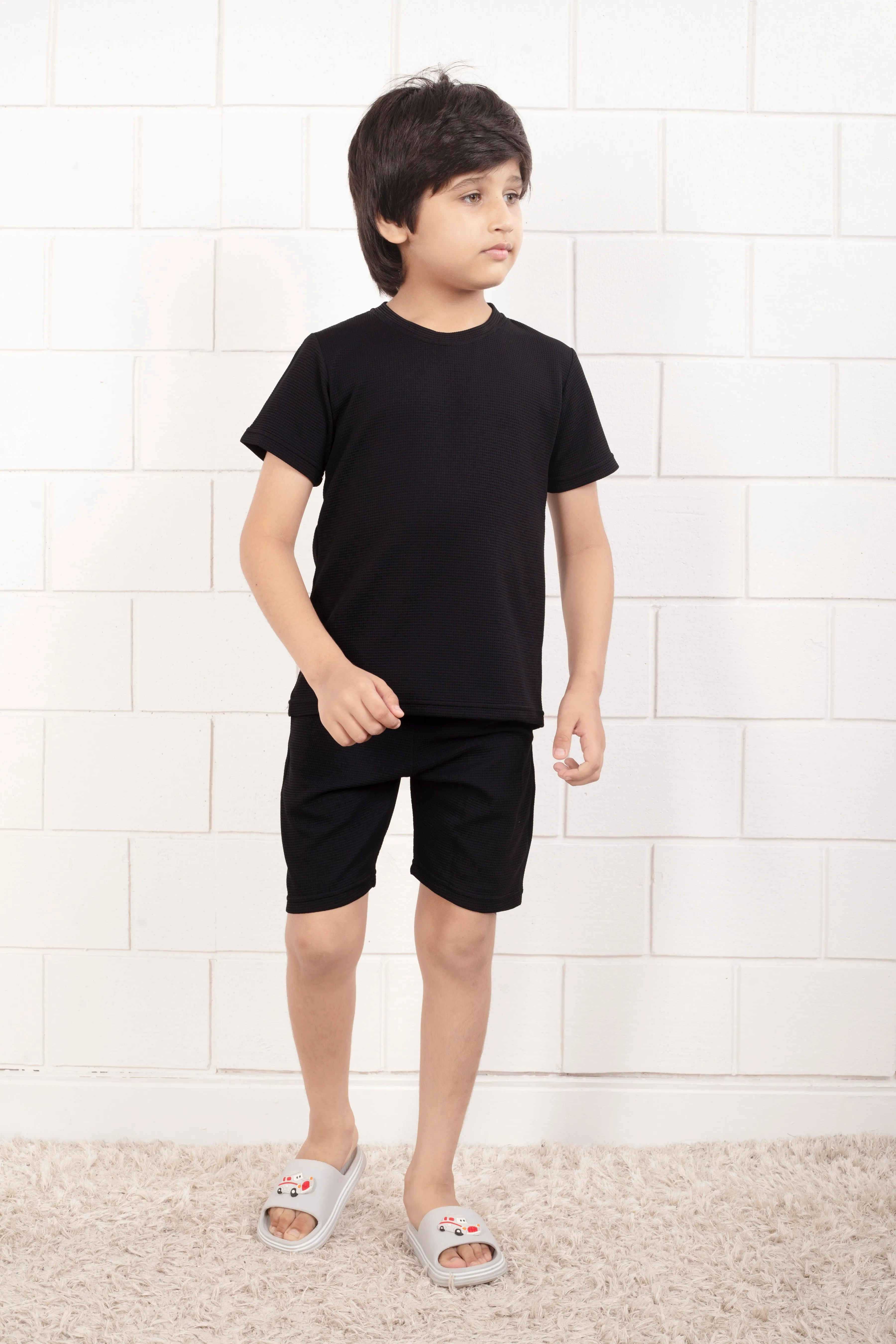 Pure Cotton Waffle Black color night suit shorts set