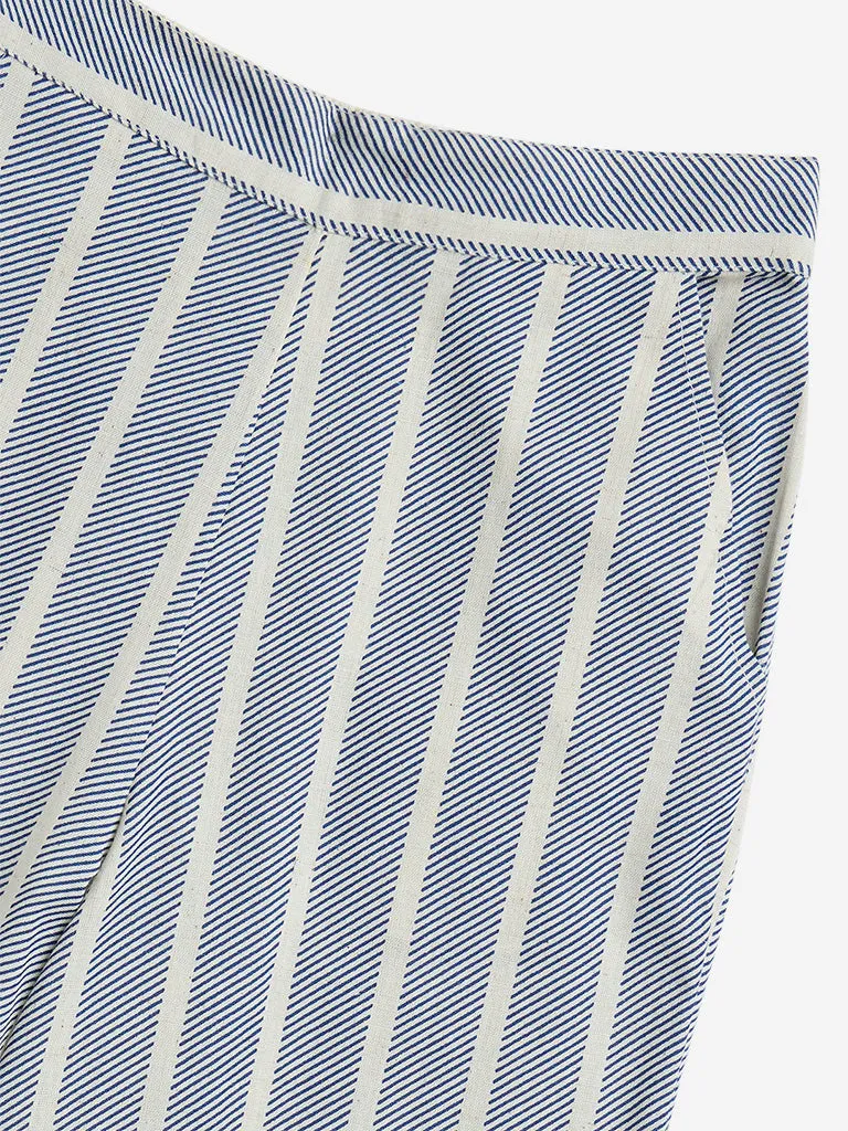 Utsa Kids Blue Striped High-Rise Cotton Blend Pants - (8-14yrs)