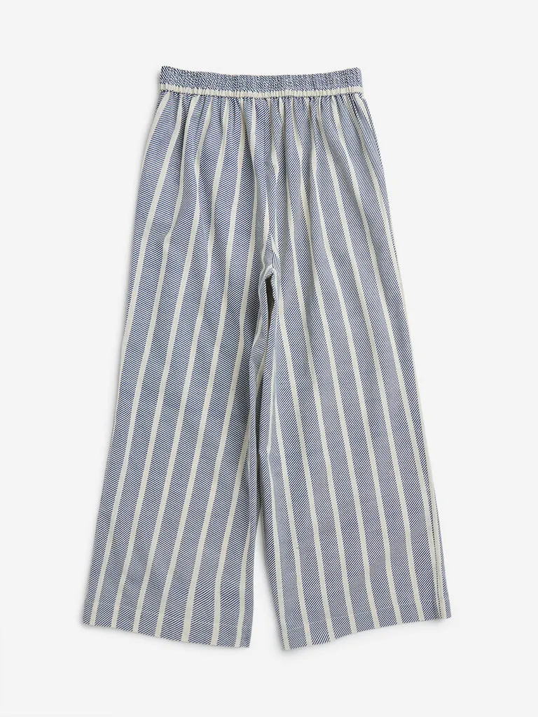 Utsa Kids Blue Striped High-Rise Cotton Blend Pants - (8-14yrs)