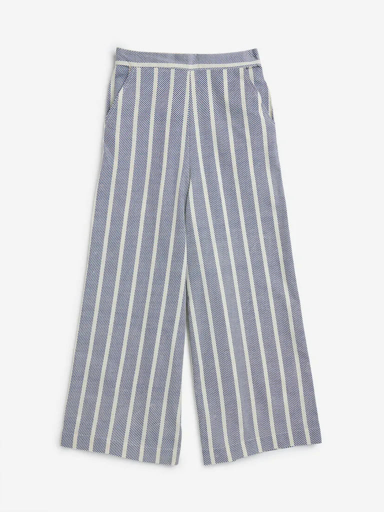 Utsa Kids Blue Striped High-Rise Cotton Blend Pants - (8-14yrs)
