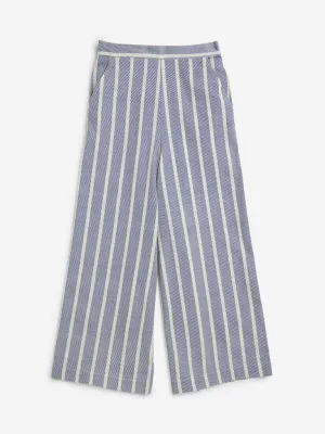 Utsa Kids Blue Striped High-Rise Cotton Blend Pants - (8-14yrs)